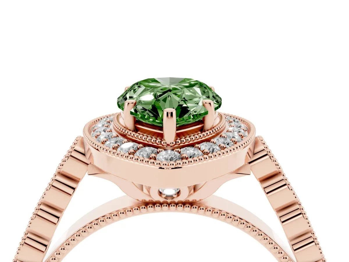 Fancy Green Pear Cut Halo Twist Band Solitaire Ring with Six-Prong Setting Rose gold
