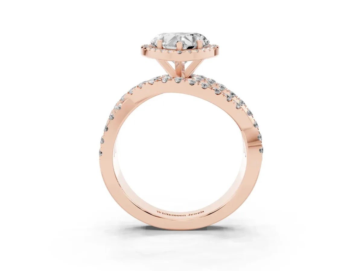 Heart Cut Diamond Halo Ring with Round Split Shank and Prong Setting Rose gold