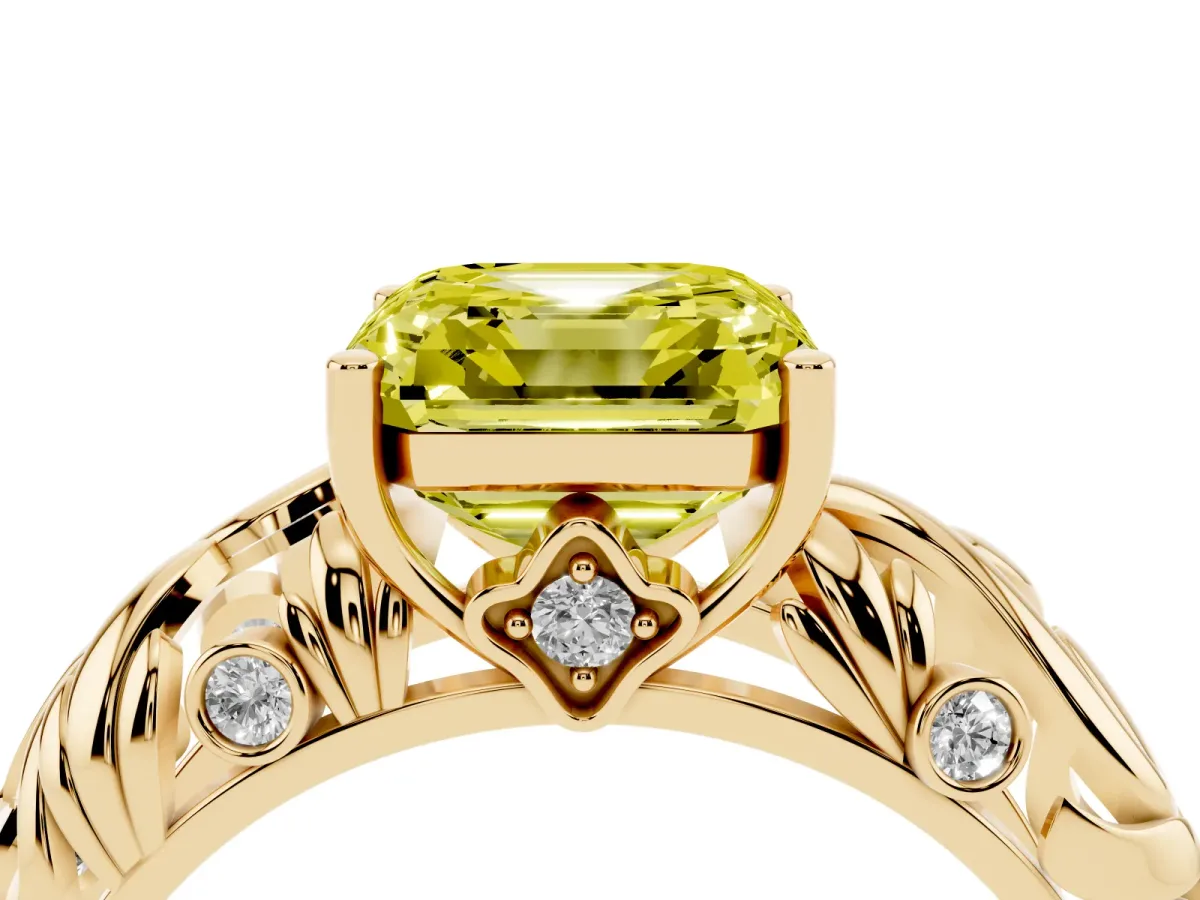 Fancy Yellow Asscher Cut Solitaire Diamond Leaf-Inspired Vine Band Ring with Prong Setting Yellow gold