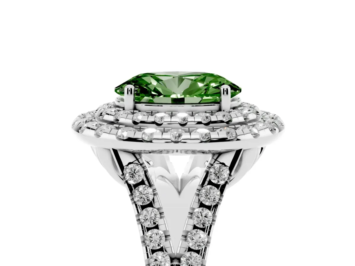 Fancy Green Double Halo Oval Cut Diamond Pavé Split Shank Ring with Prong Setting White gold