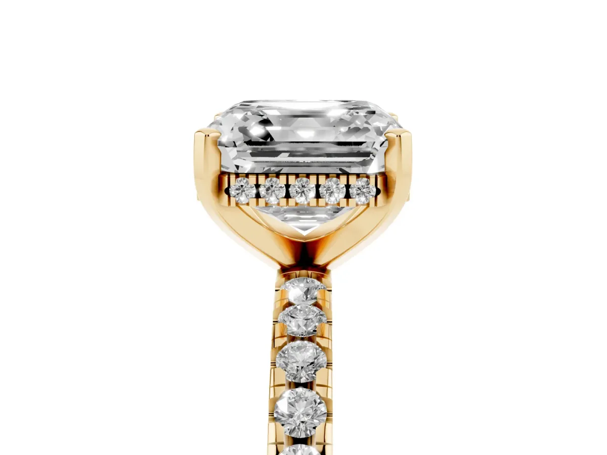 Asscher Cut Diamond Solitaire Ring with Round Pavé Band and Four-Prong Setting Yellow gold