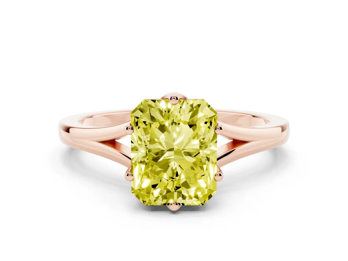 Fancy Yellow Radiant Cut Solitaire Diamond Ring with Six-Prong Setting and Tapered Band Rose gold
