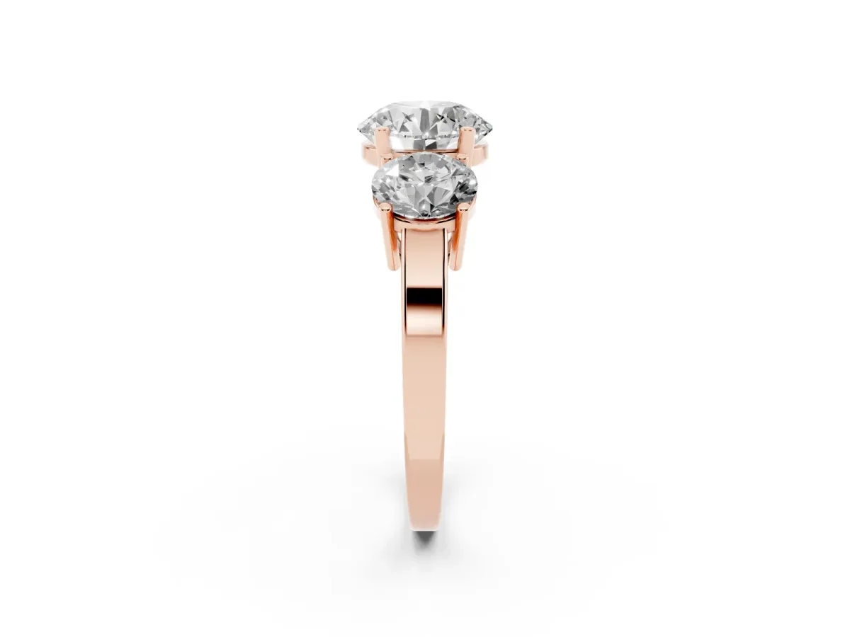 Three-Stone Round Cut Cut Diamond Engagement Ring with Flat Band and Four-Prong Setting Rose gold
