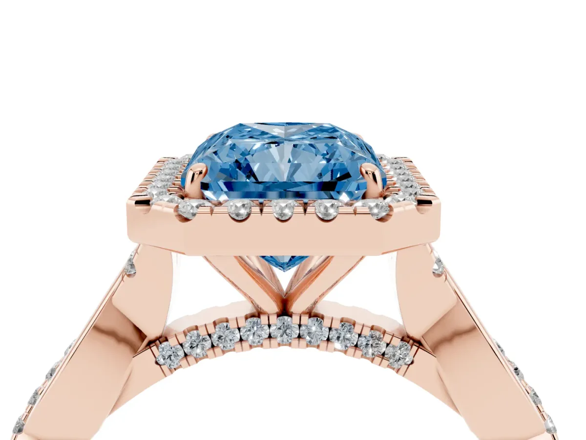 Fancy Blue Radiant Cut Halo Twist Band Solitaire Ring Rose gold