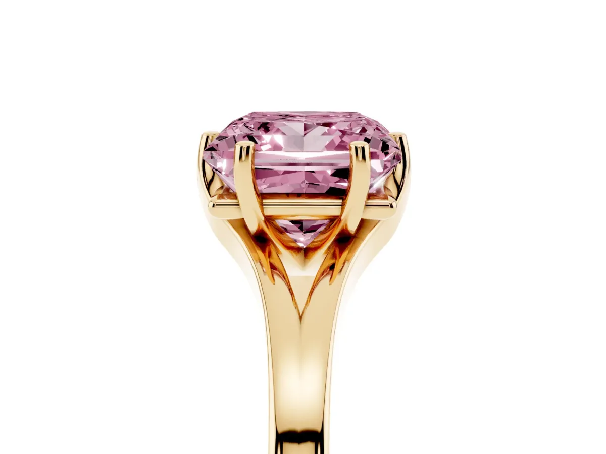 Fancy Pink Princess Cut Solitaire Diamond Ring with Six-Prong Setting and Tapered Band Yellow gold