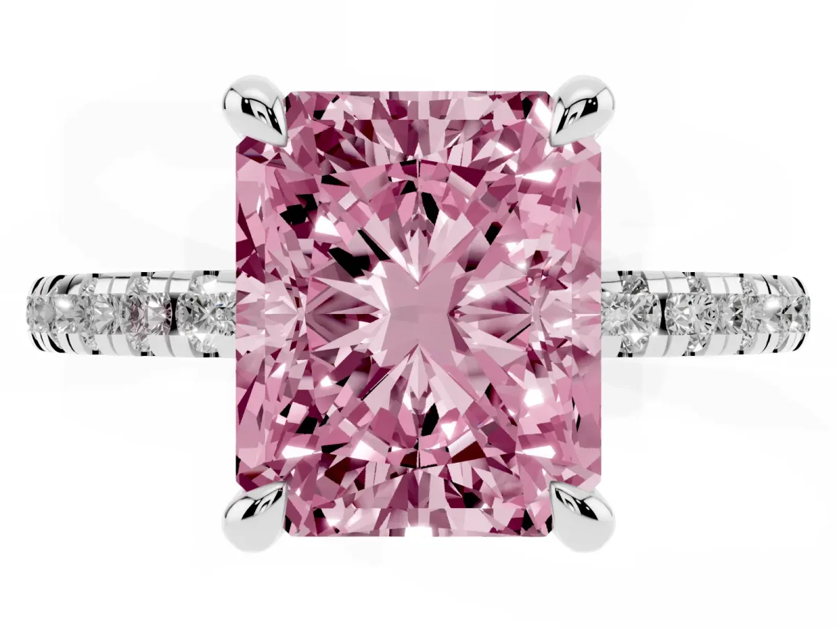 Fancy Pink Radiant Cut Diamond Brilliant Solitaire Ring with Pavé Band and Four-Prong Setting Platinum