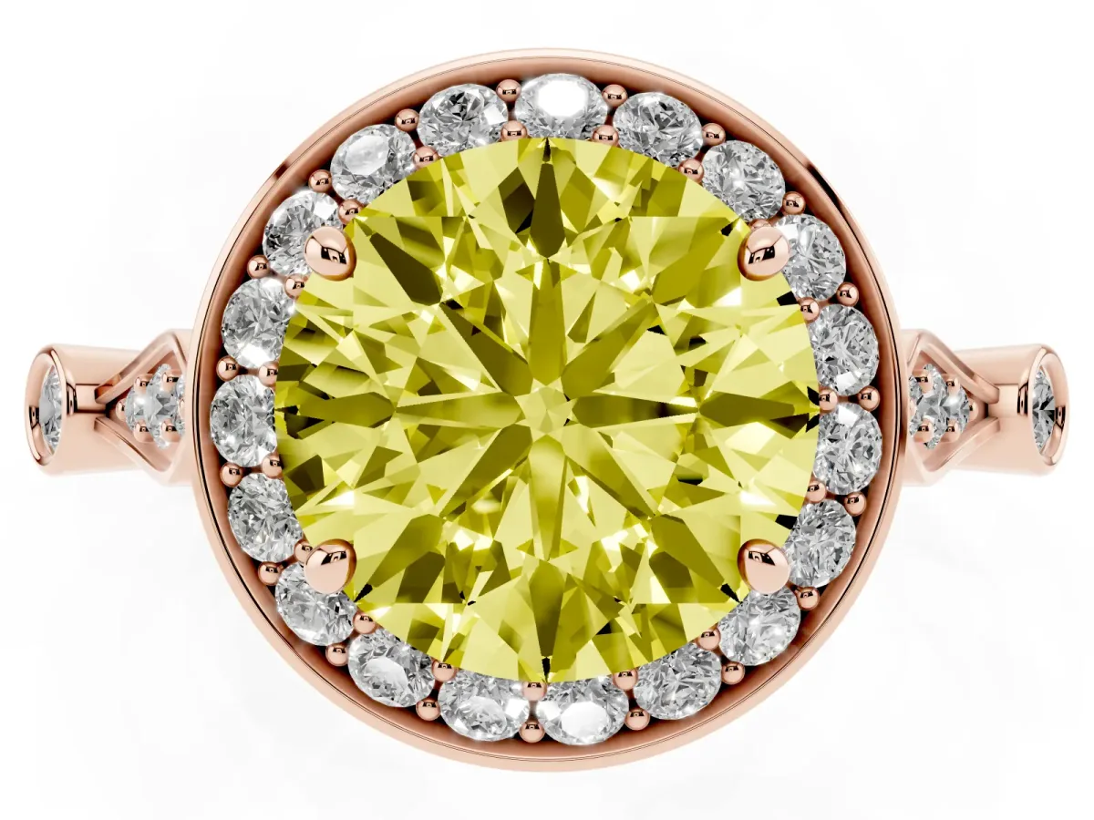 Fancy Yellow Round Cut Halo Diamond Engagement Ring with Twisted Band and Four-Prong Setting Rose gold