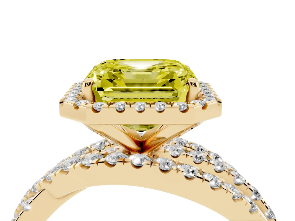 Fancy Yellow Asscher Cut Diamond Halo Ring with Round Split Shank and Prong Setting Yellow gold