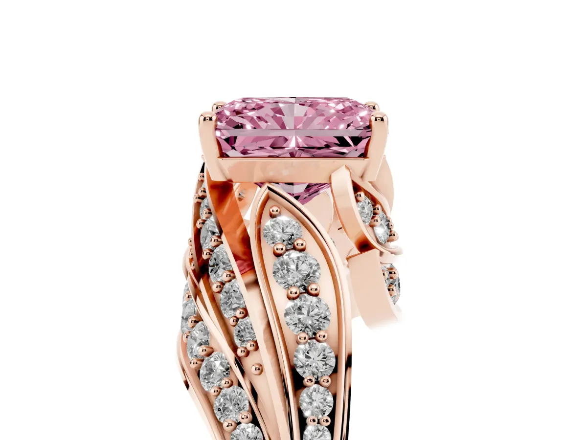 Fancy Pink Radiant Cut Diamond Solitaire Ring with Prong Setting and Twisted Pavé Band Rose gold