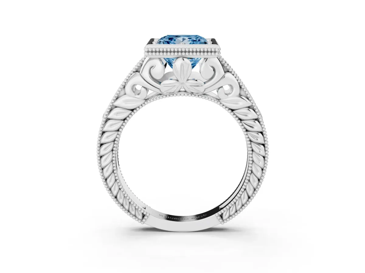 Fancy Blue Bezel Set Princess Cut Diamond Milgrain Pave Engagement Ring Silver