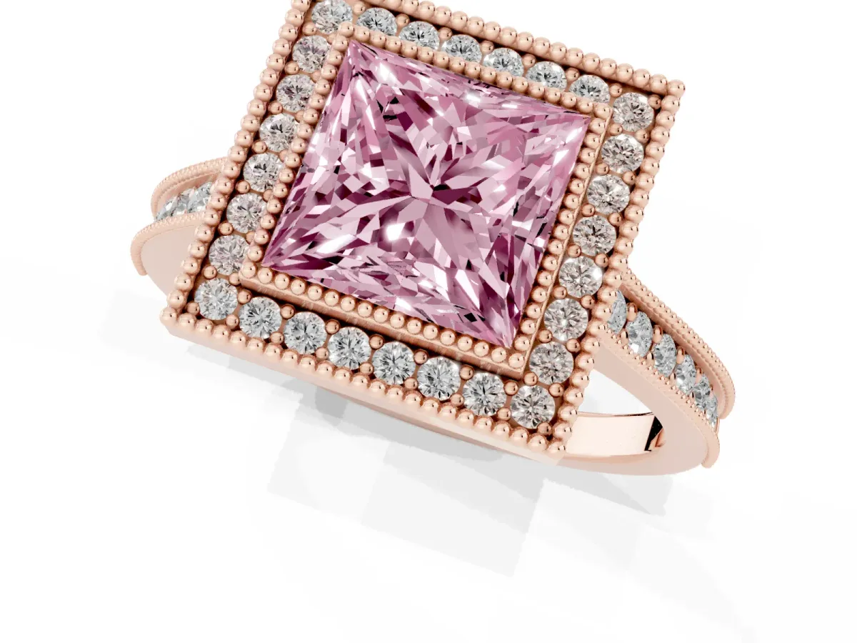 Fancy Pink Halo Princess Cut-Cut Diamond Pave Band Milgrain Prong Setting Ring Rose gold