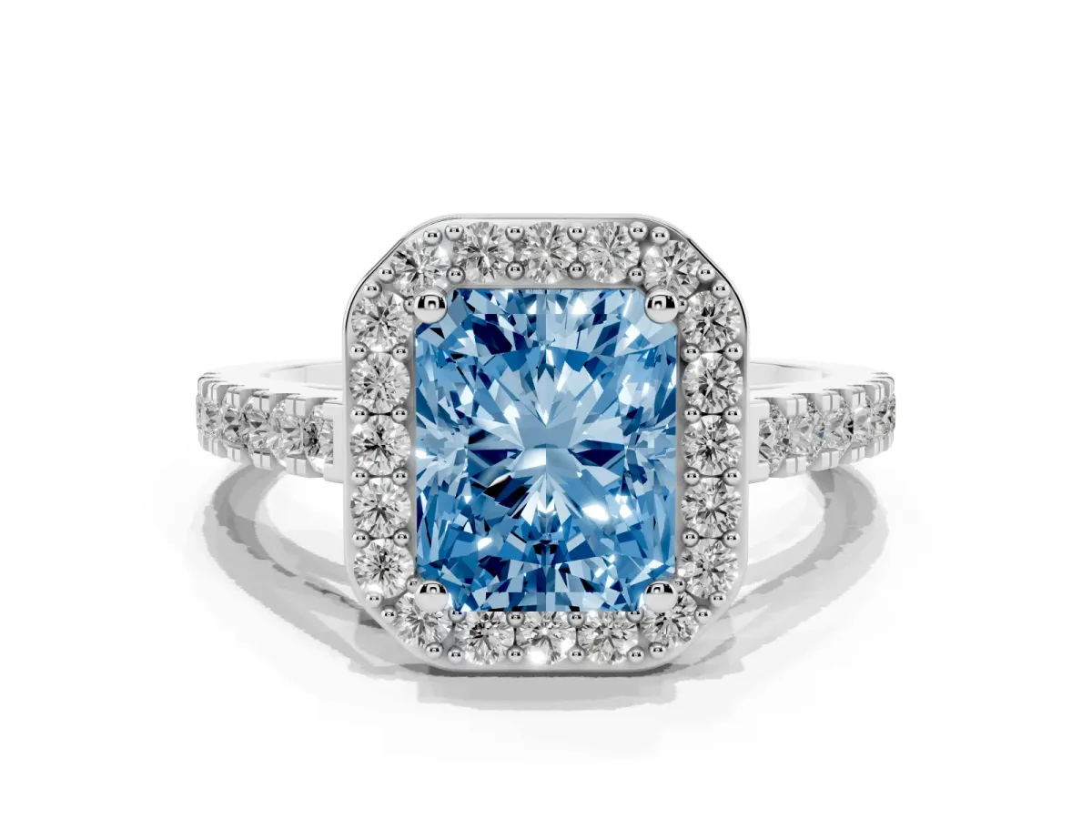 Fancy Blue Radiant Cut Diamond Halo Ring with Round Pavé Split Shank and Prong Setting Silver