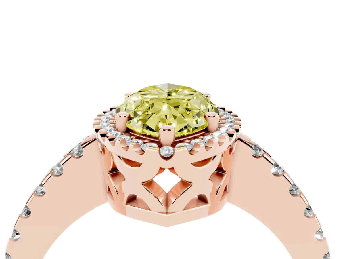 Fancy Yellow Marquise Cut Diamond Halo Engagement Ring with Pavé Band and Prong Setting Rose gold