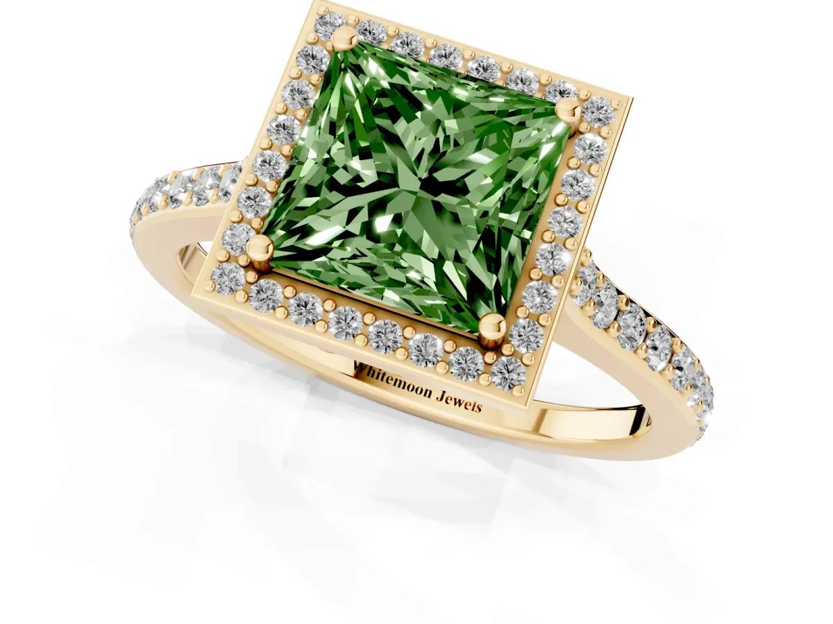 Fancy Green Princess Cut Diamond Halo Engagement Ring with Round Pavé Shoulders and Prong Setting Yellow gold