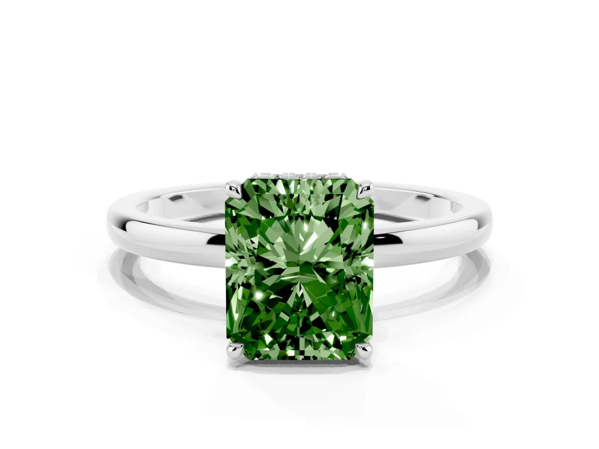Fancy Green Radiant Cut Solitaire Engagement Ring with Cathedral Band and Four-Prong Setting Silver