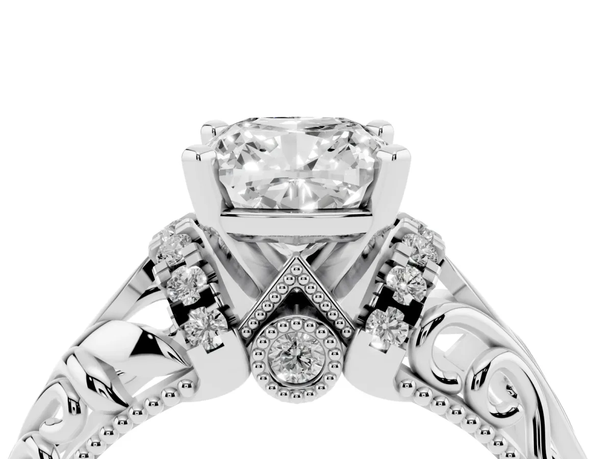 Cushion Cut Solitaire Filigree Engagement Ring with Halo and Prong Setting Silver