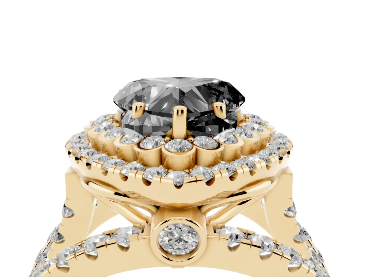 Fancy Black Heart Cut Diamond Double Halo Ring with Round Pavé Split Shank and Prong Setting Yellow gold