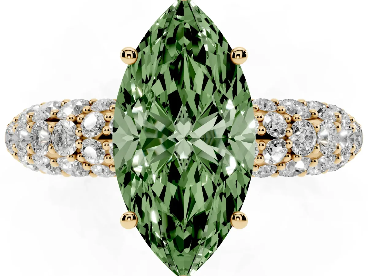 Fancy Green Marquise Cut Diamond Pavé Band Solitaire Ring with Four-Prong Setting Yellow gold