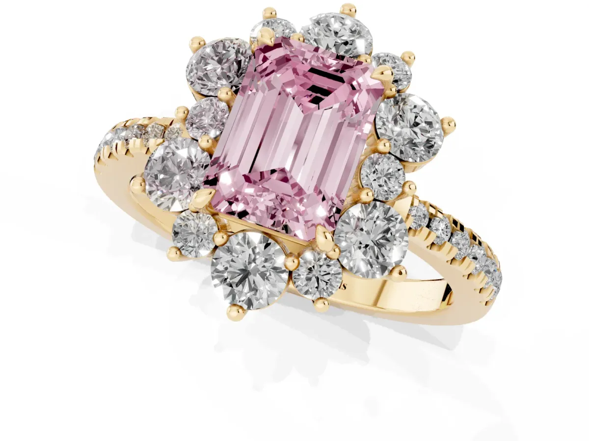 Fancy Pink Emerald Cut Diamond Floral Halo Ring with Round Pavé Band and Prong Setting Yellow gold