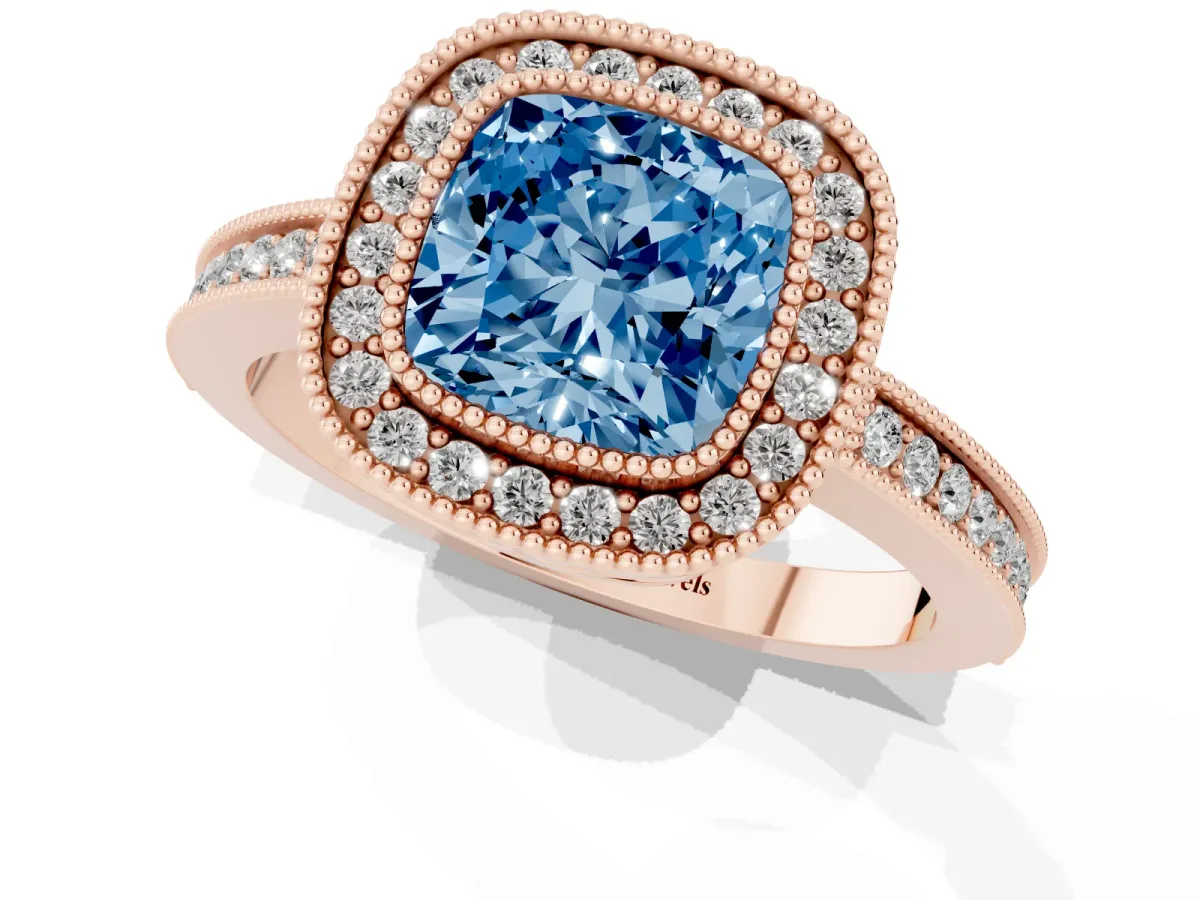 Fancy Blue Cushion Cut Cut Halo Diamond Ring with Pavé Band and Milgrain Prong Setting Rose gold