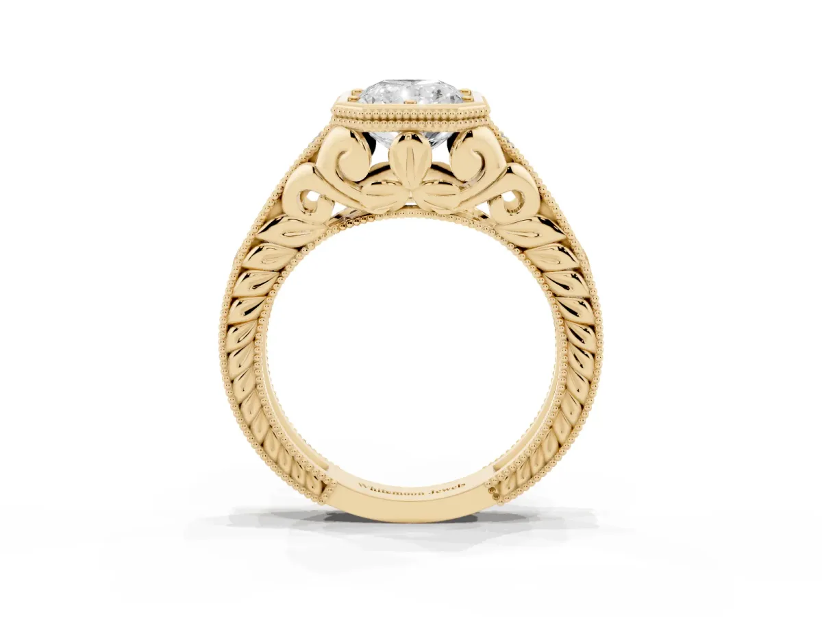 Bezel Set Radiant Cut Diamond Milgrain Pave Engagement Ring Yellow gold