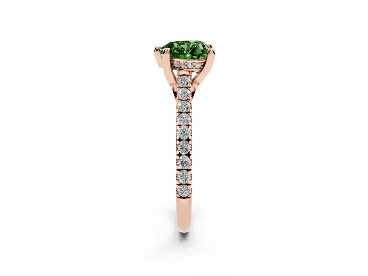 Fancy Green Heart Cut Brilliant Diamond Solitaire with Pavé Band and Four-Prong Setting Rose gold