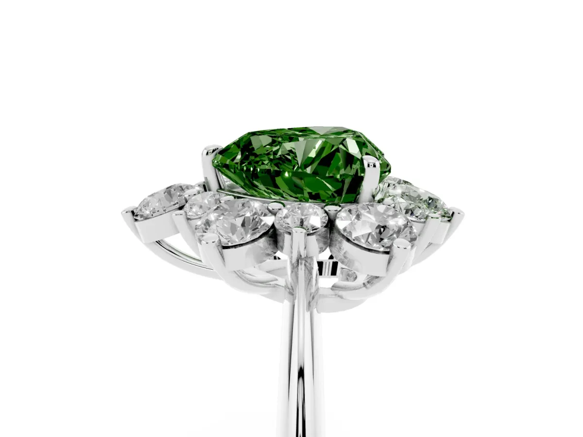Fancy Green Heart Cut Diamond Cluster Halo Ring with Solitaire Band and Four-Prong Setting Platinum