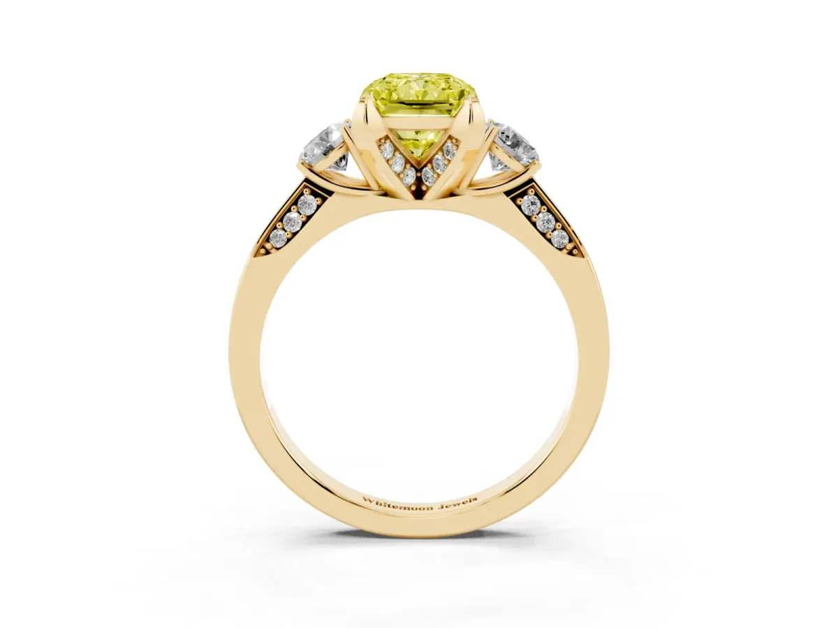 Fancy Yellow Radiant Cut Brilliant Three-Stone Diamond Ring with Pavé Band and Four-Prong Setting Yellow gold