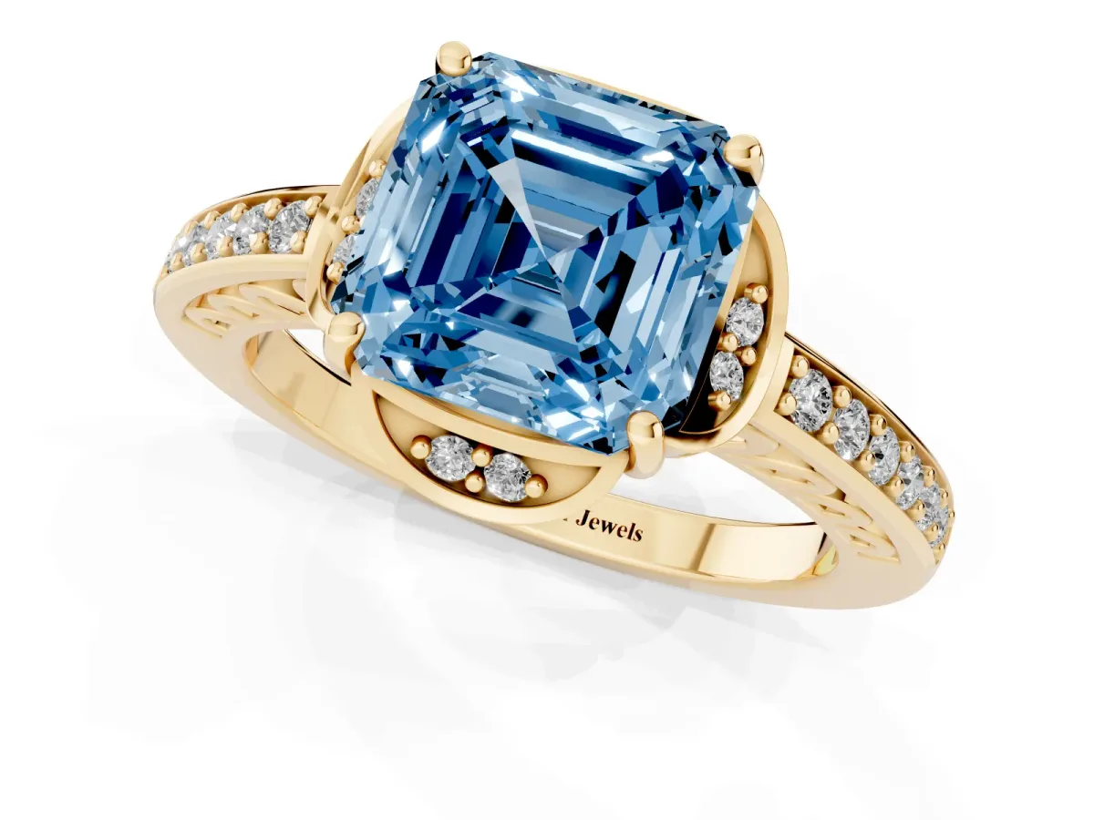 Fancy Blue Asscher Cut Cut Halo Diamond Ring with Channel Set Band and Four-Prong Setting Yellow gold