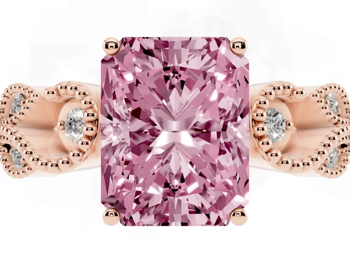 Fancy Pink Radiant Cut Solitaire Milgrain Leaf Band with Prong Setting Rose gold