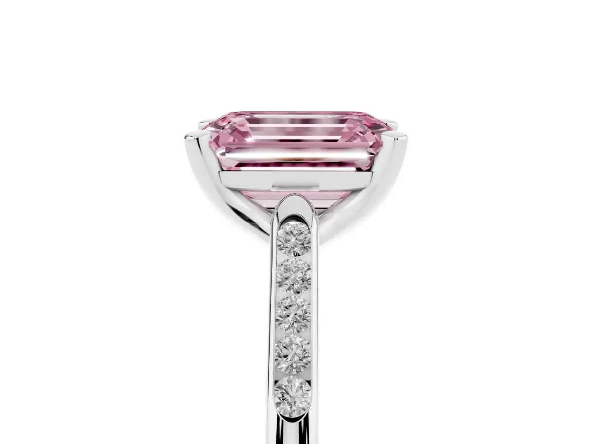 Fancy Pink Emerald Cut Diamond Solitaire Ring with Channel Set Round Band and Prong Setting White gold