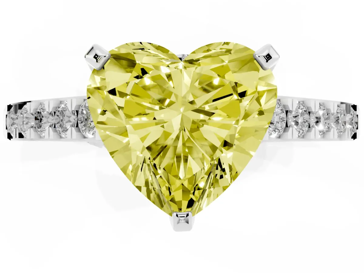 Fancy Yellow Heart Cut Diamond Solitaire Ring with Crossover Gallery and Round Pavé Band Platinum