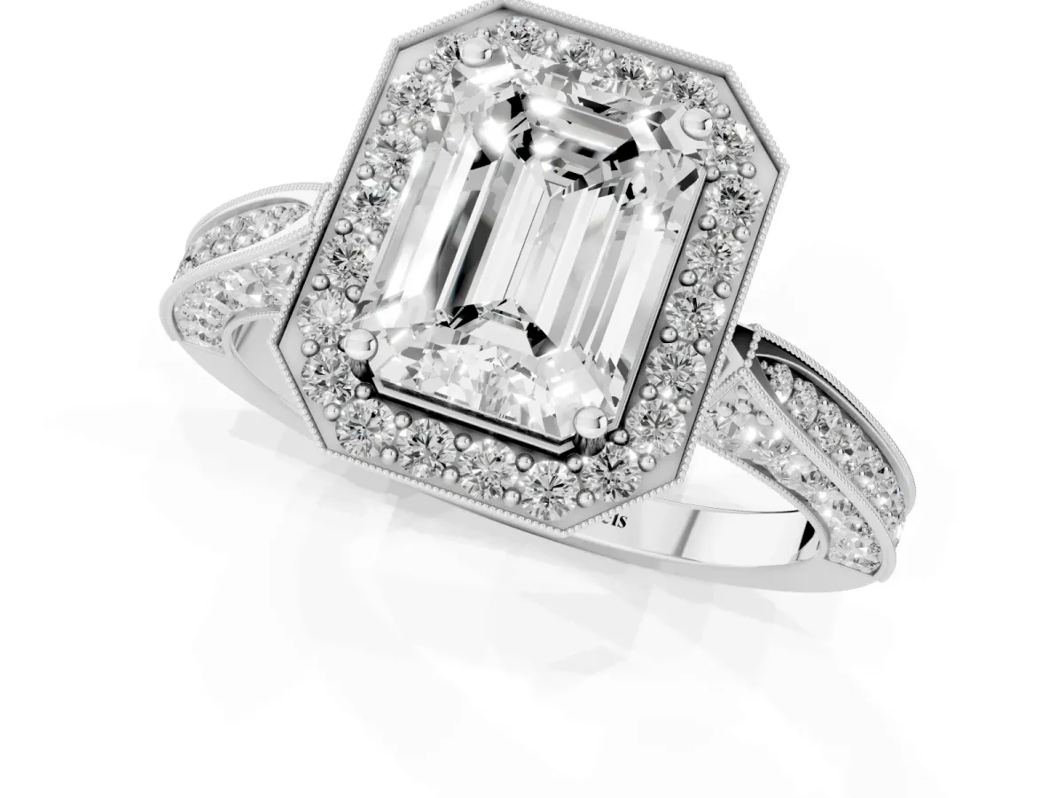 Emerald Cut Halo Diamond Engagement Ring with Split Shank Band and Four-Prong Setting Platinum