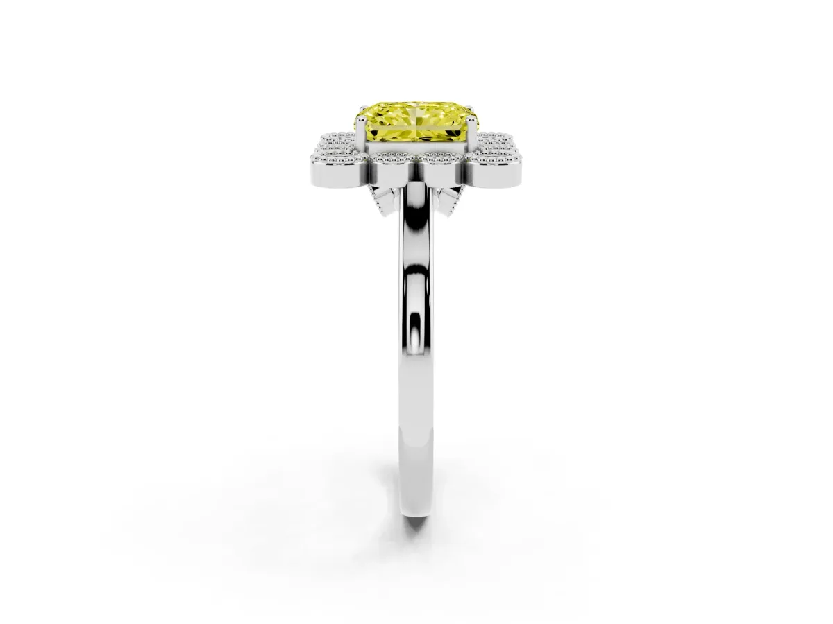 Fancy Yellow Radiant Cut Halo Diamond Cluster Engagement Ring with Milgrain Bezel Setting and Solitaire Band Silver