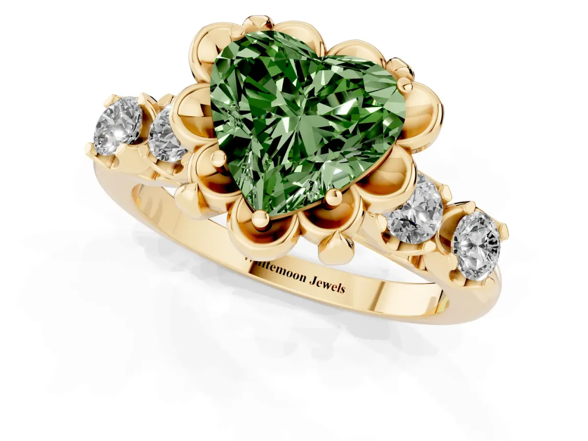 Fancy Green Heart Cut Cut Diamond Floral Halo Engagement Ring with Shared Prong Setting Yellow gold