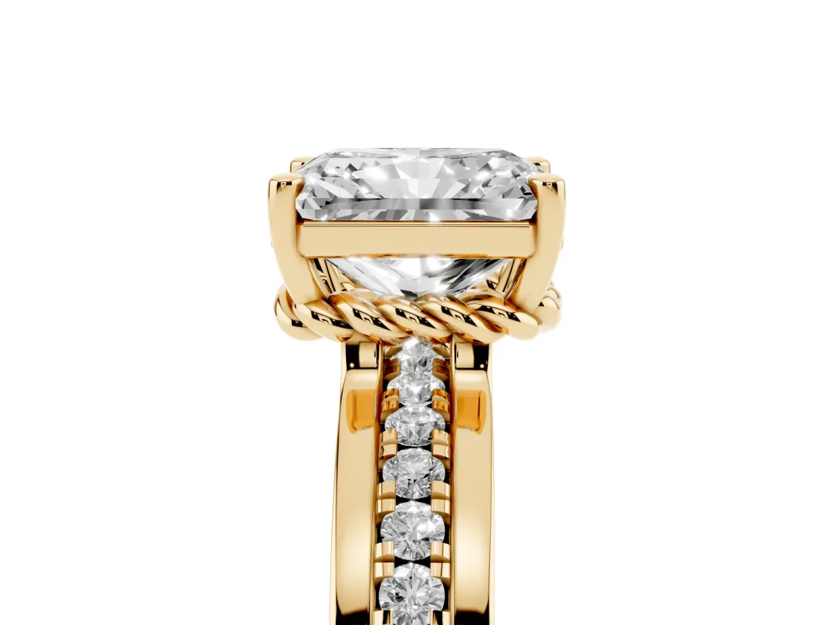 Radiant Cut Solitaire Diamond Ring with Channel Set Band and Six-Prong Setting Yellow gold