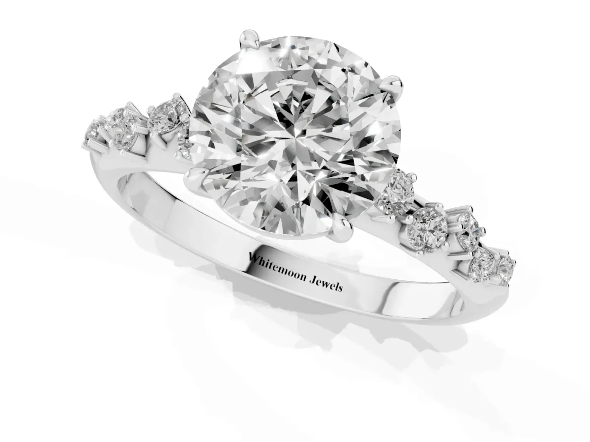 Round Cut Diamond Cluster Side Stone Solitaire Ring with Prong Setting Silver