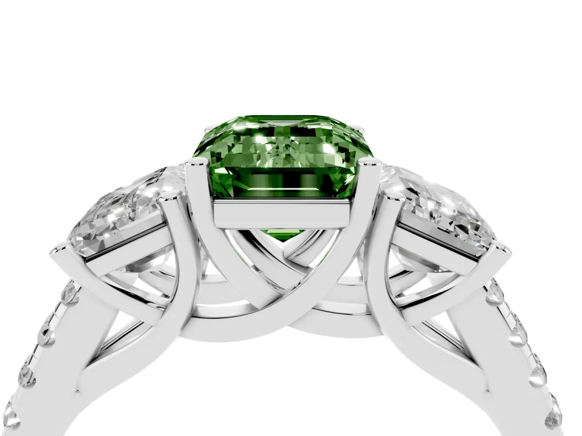 Fancy Green Three-Stone Emerald Cut Diamond Ring with Round Pavé Band and Prong Setting Silver