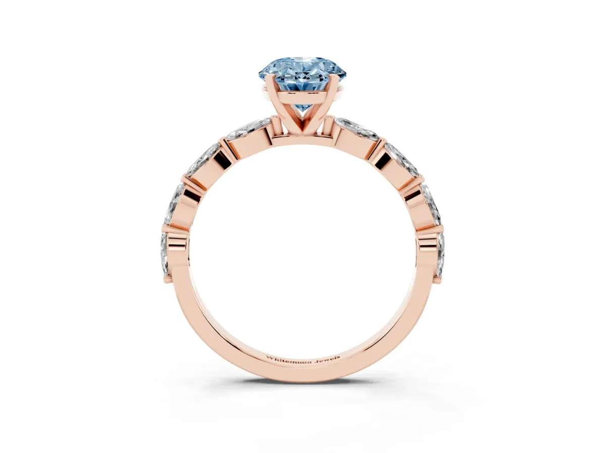 Fancy Blue Oval Cut Diamond Ring with Marquise Side Stones and Prong Setting Rose gold