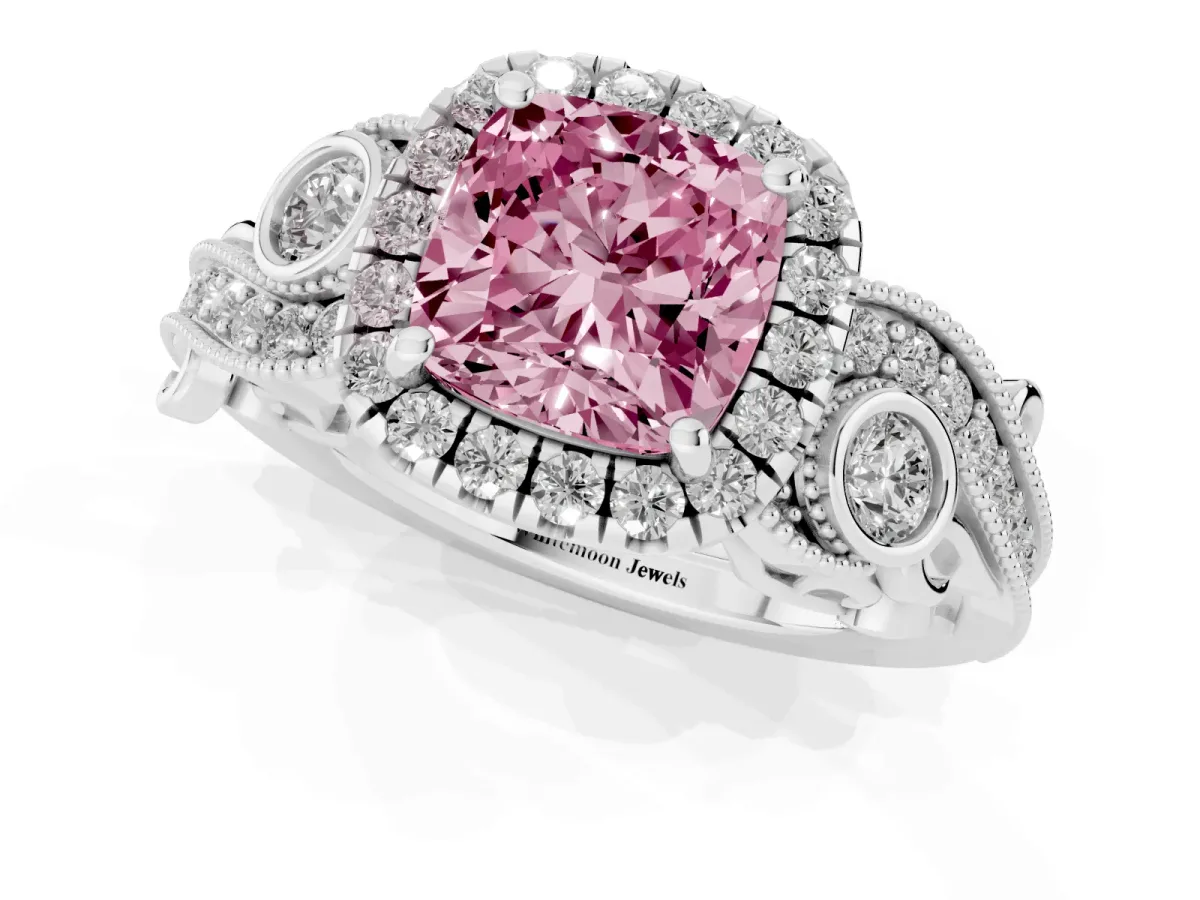 Fancy Pink Cushion Cut Halo Diamond Ring with Milgrain and Bezel Accents on a Split Shank Band Silver