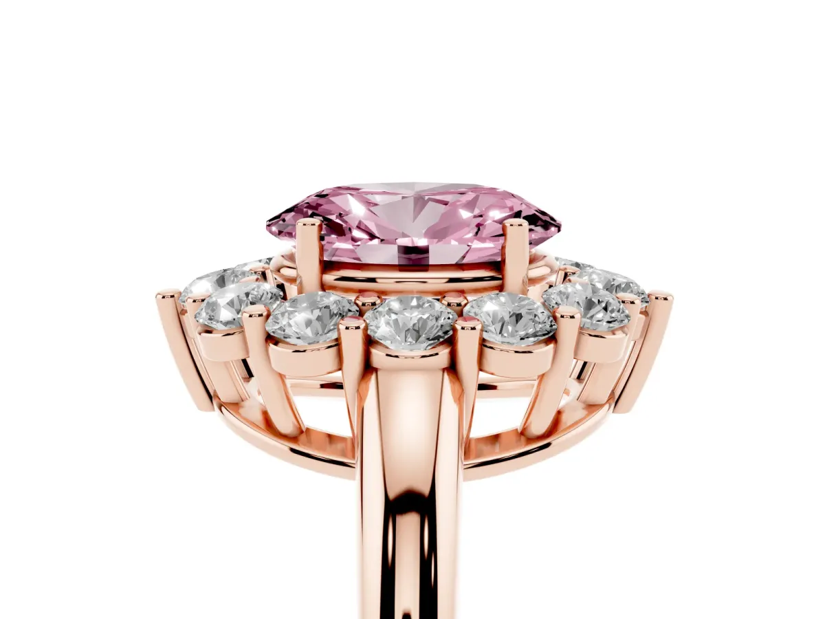 Fancy Pink Oval Cut Halo Cluster Diamond Engagement Ring with Prong Setting and Polished Band Rose gold