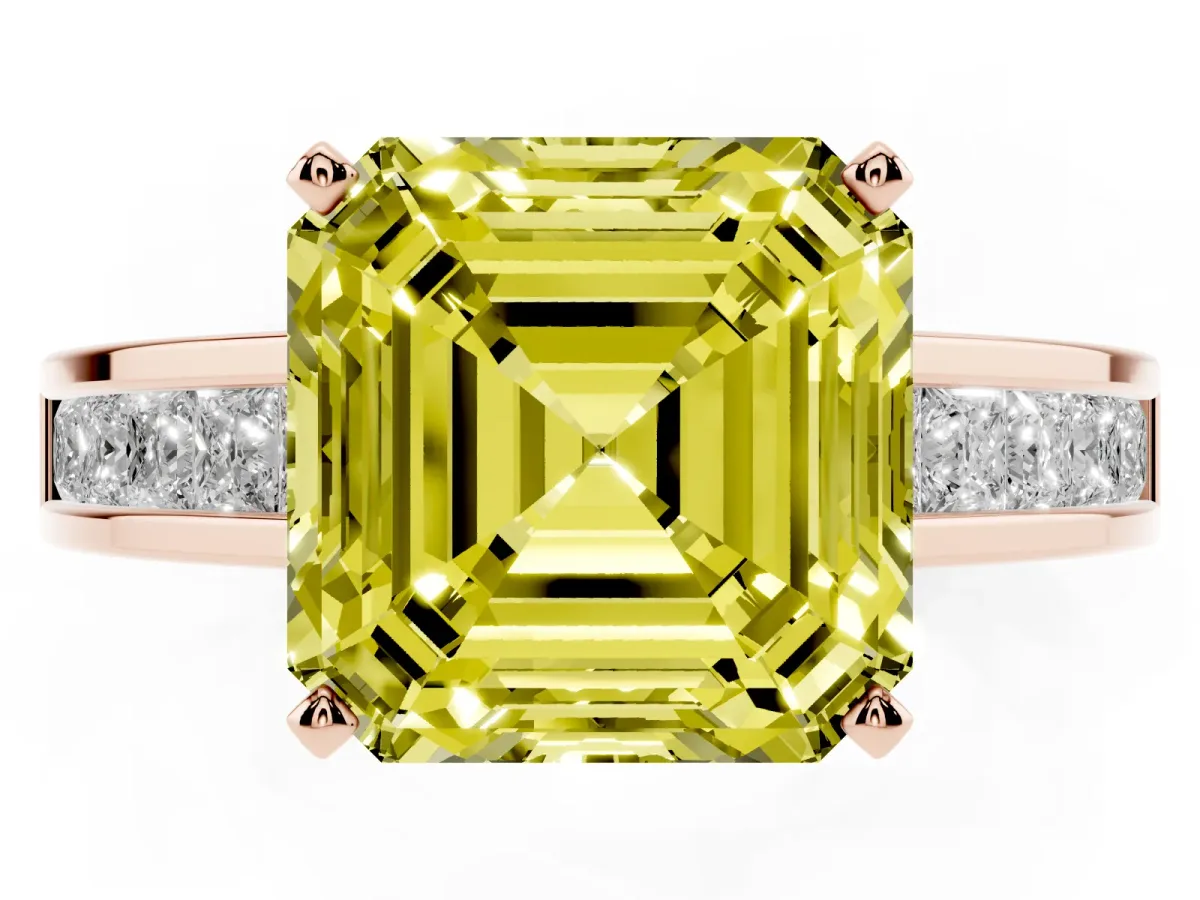 Fancy Yellow Asscher Cut Solitaire Diamond Ring with Channel-Set Band and Four-Prong Setting Rose gold