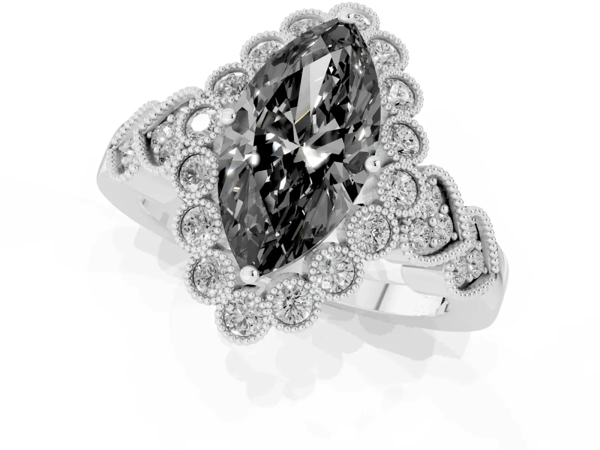 Fancy Black Marquise Cut Brilliant Milgrain Pave Heart Band Solitaire Ring Platinum