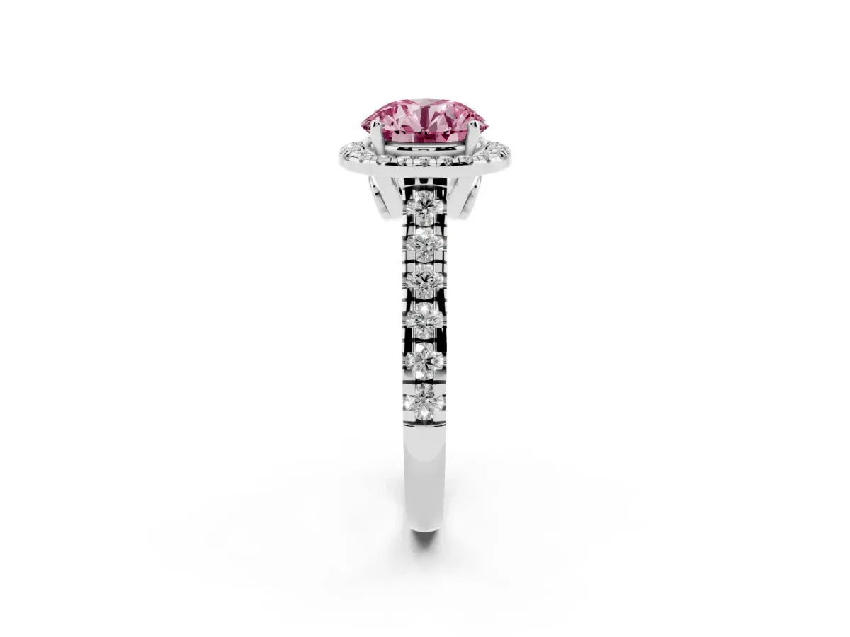 Fancy Pink Round Cut Halo Pavé Diamond Engagement Ring with Four-Prong Setting Platinum