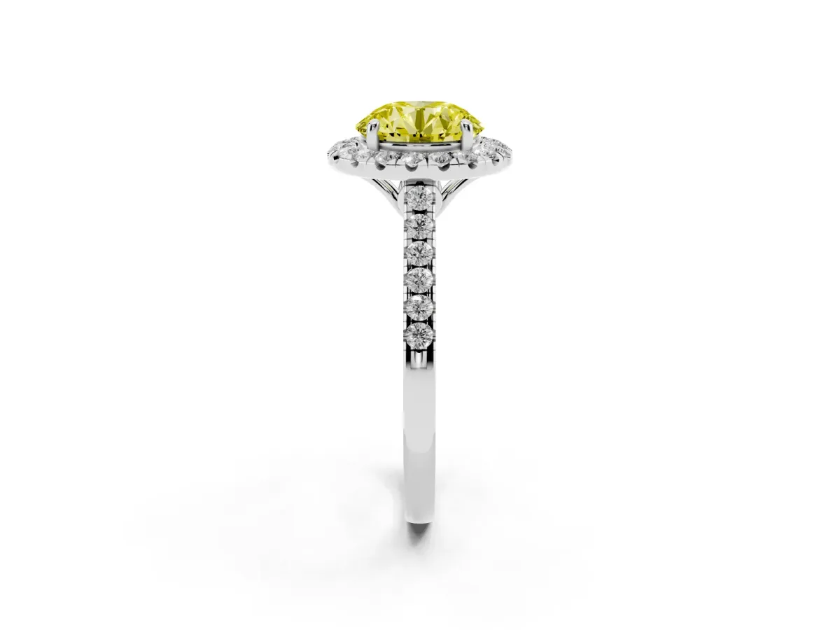 Fancy Yellow Round Cut Halo Pavé Diamond Engagement Ring with Four-Prong Setting Silver
