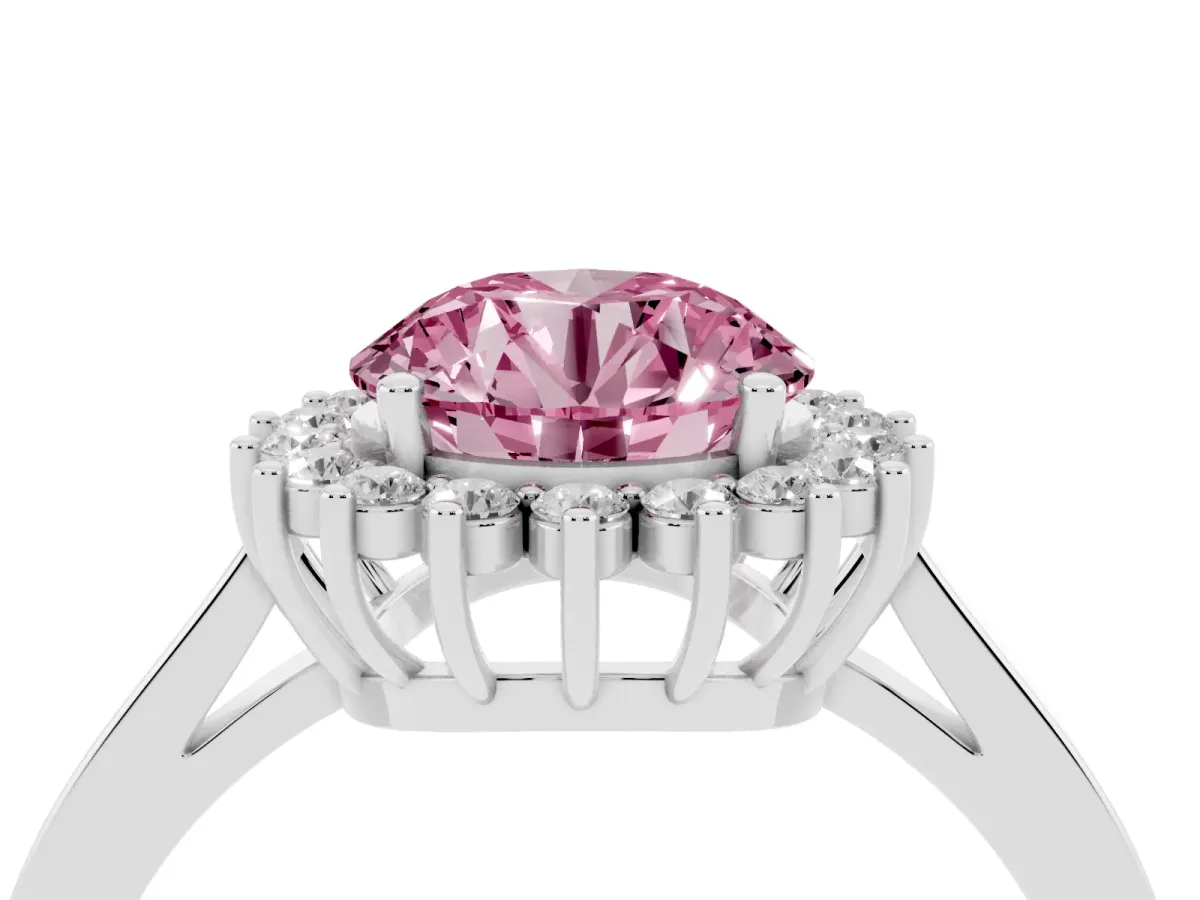 Fancy Pink Round Cut Cut Diamond Halo Ring with Round Brilliant Halo and Solitaire Band Platinum