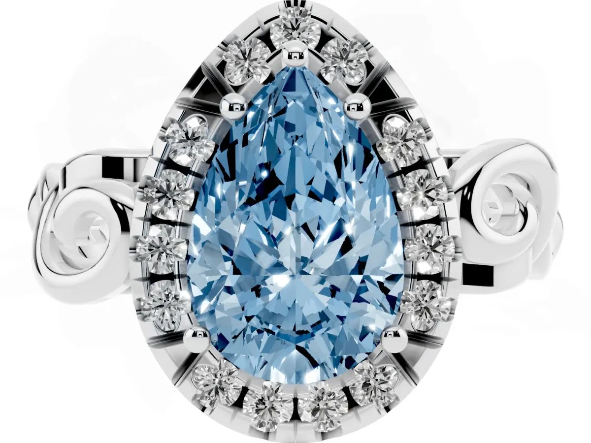Fancy Blue Pear Cut Cut Halo Diamond Ring with Scrollwork Band and Four-Prong Setting Silver