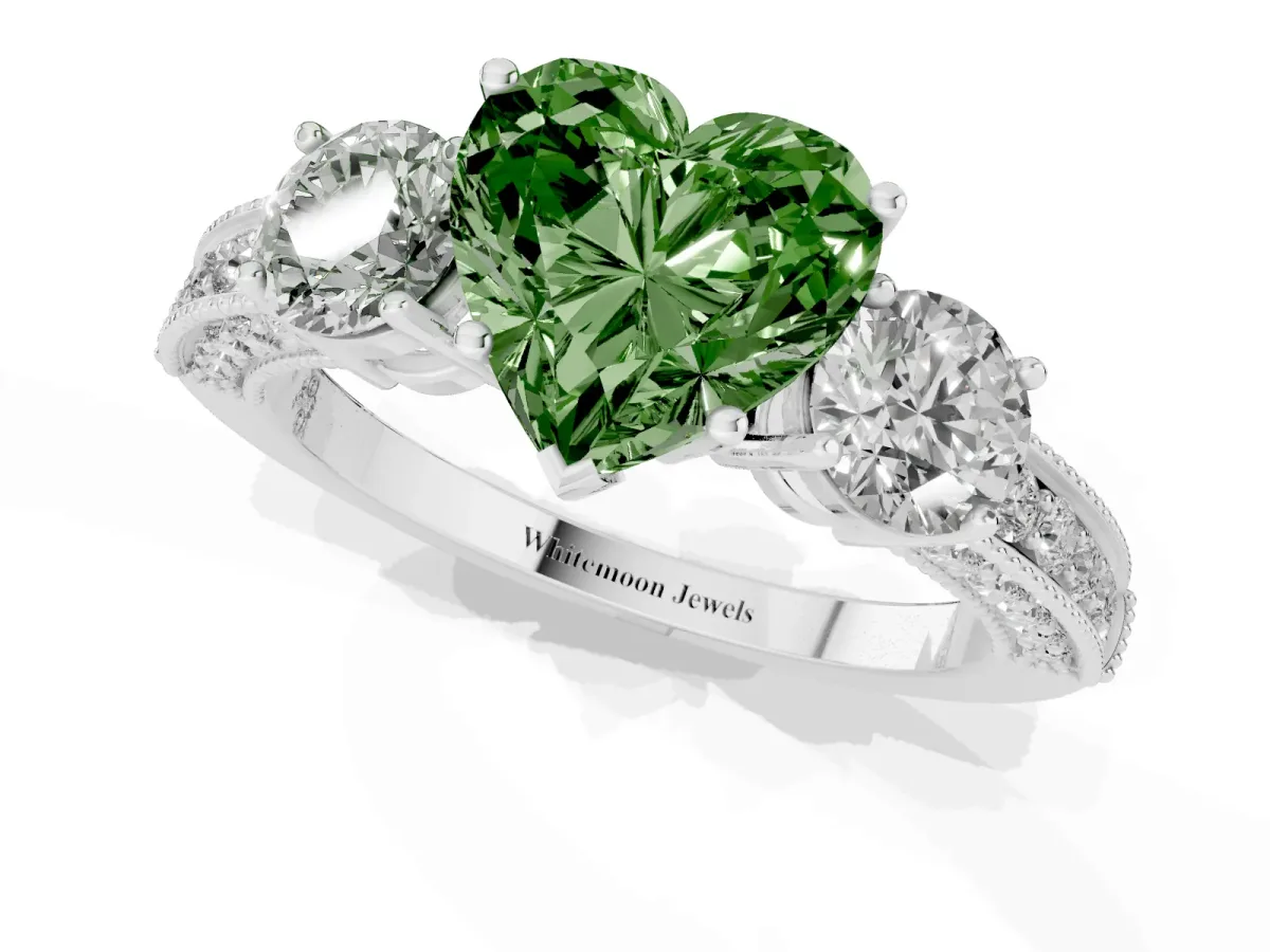 Fancy Green Heart Cut Three-Stone Diamond Ring with Pavé Band and Four-Prong Setting Silver