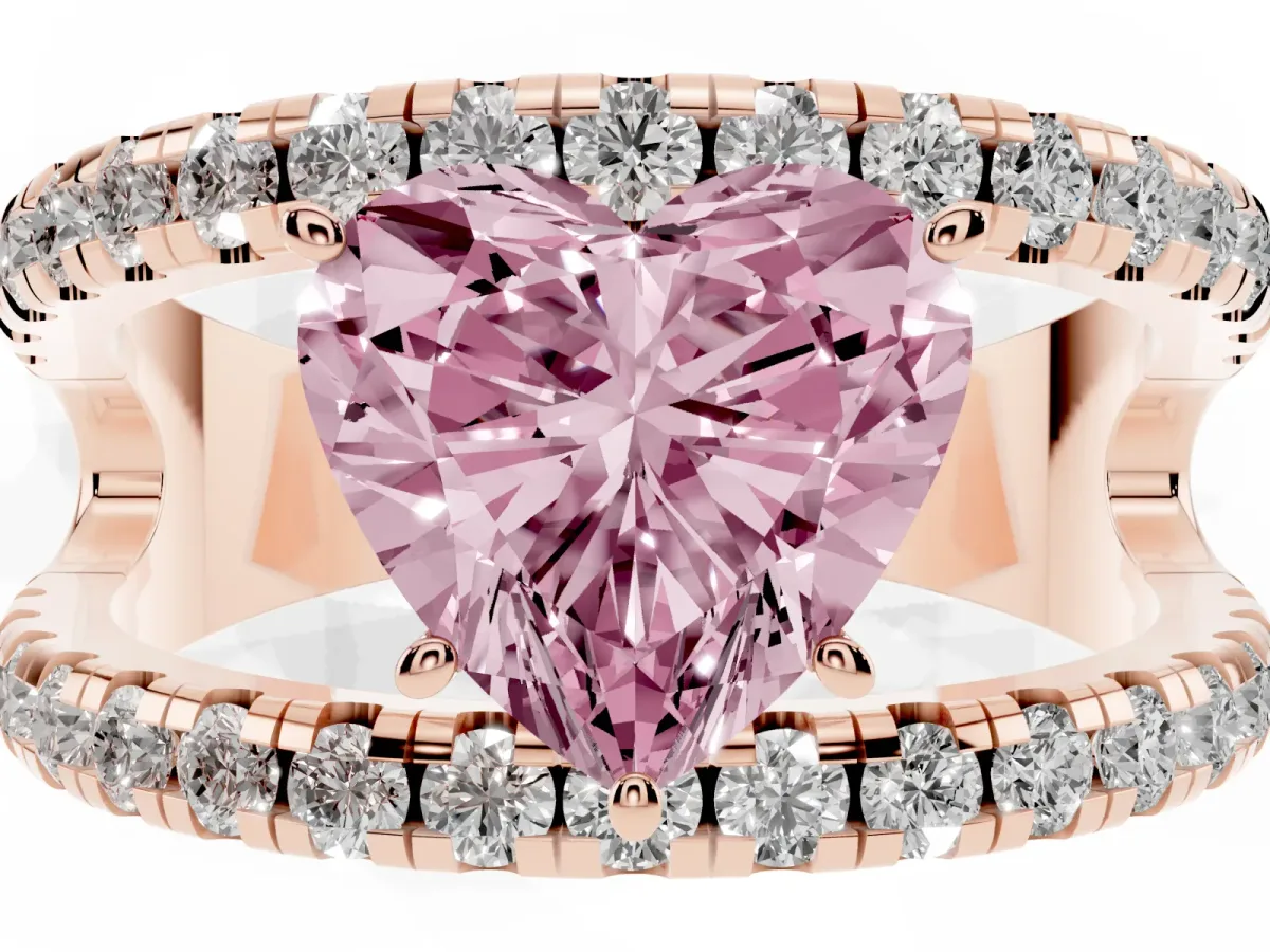 Fancy Pink Heart Cut Solitaire Split Shank Pave Diamond Ring Rose gold