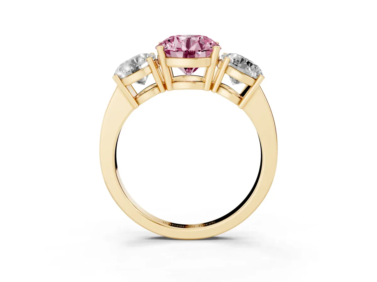 Fancy Pink Three-Stone Round Cut Cut Diamond Engagement Ring with Flat Band and Four-Prong Setting Yellow gold